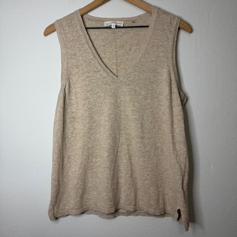White + Warren - Cotton and Linen Blend Sleeveless V Neck Knit Top Tan Sz M